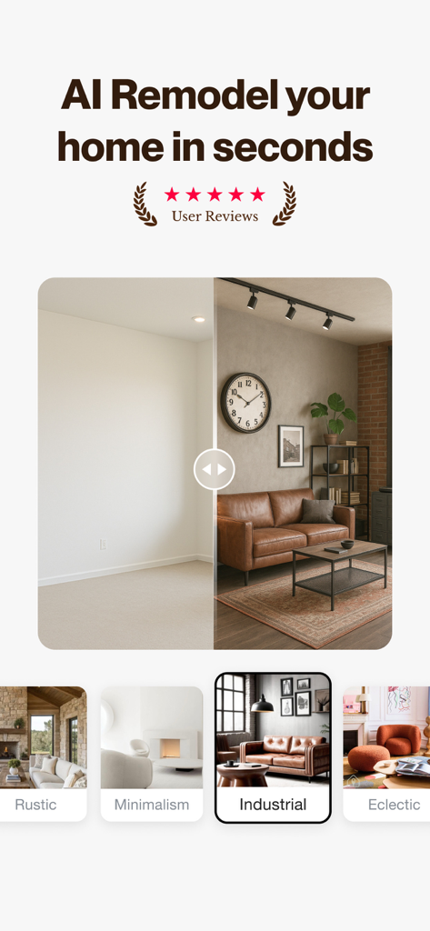 AI Home Design: Decofy - Before and after living room remodel using AI Home Design Decofy app with industrial style