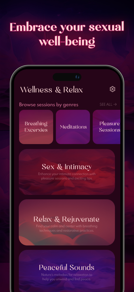 Sensual: Spicy Erotic Stories - Interfaccia dell'app Sensual che mostra categorie di benessere e relax come meditazione e intimità.
