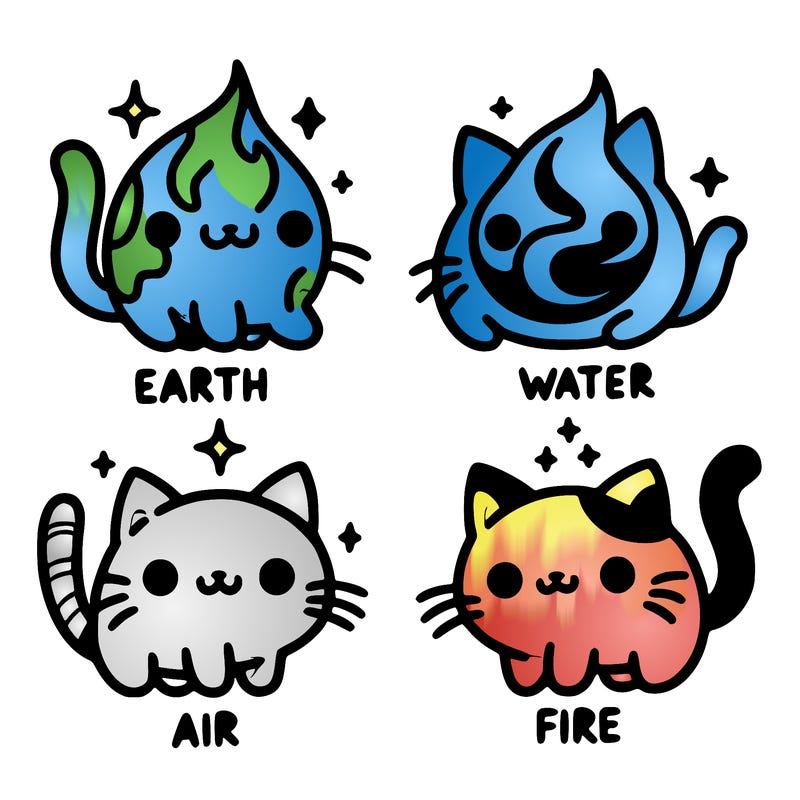 4 cats that represent the different elements, earth, water, air, and fire