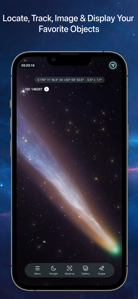 SkySafari 8 Plus - SkySafari 8 Plus app interface showing a detailed view of a comet with astronomical coordinates