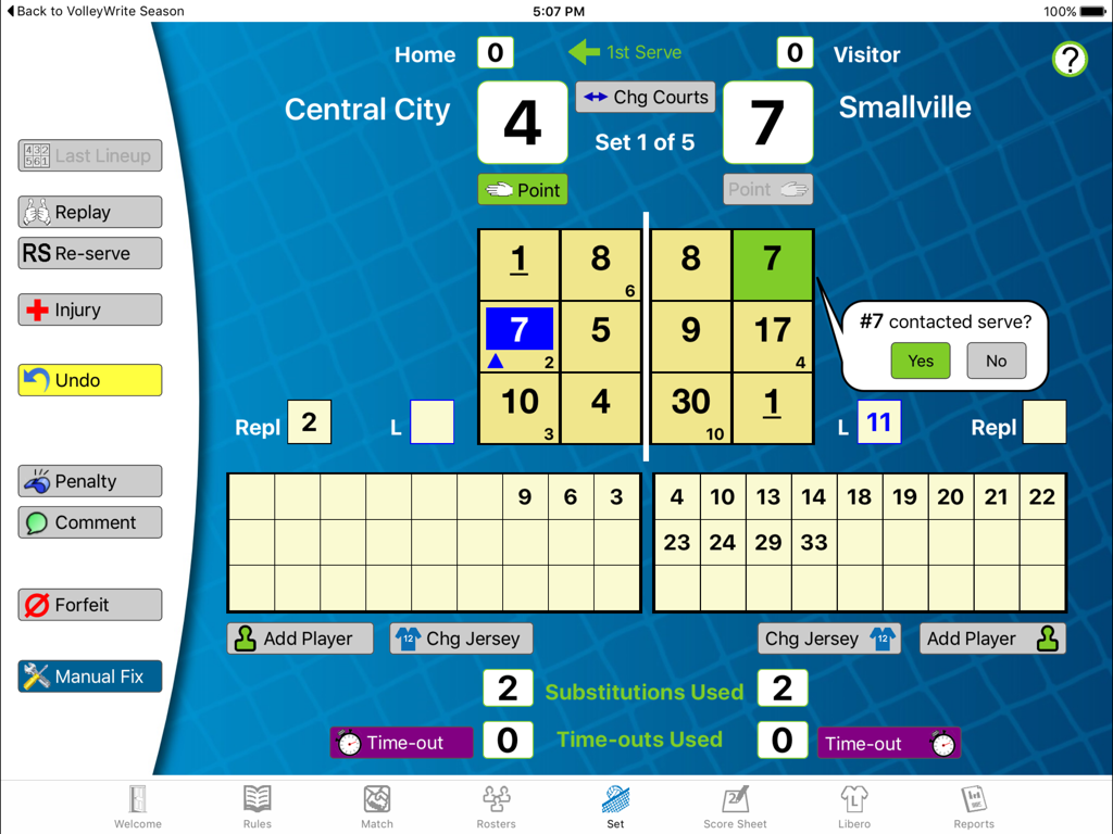 VolleyWrite - VolleyWrite iPad interface showing live match scoring for a volleyball game with player rotations and score tracking