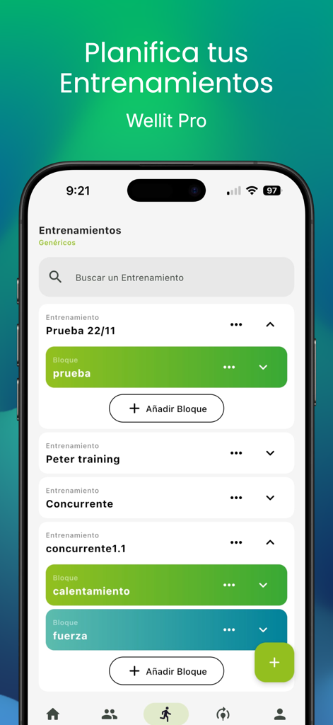 Wellit - Wellit app interface showing a list of personalized training sessions and workout blocks