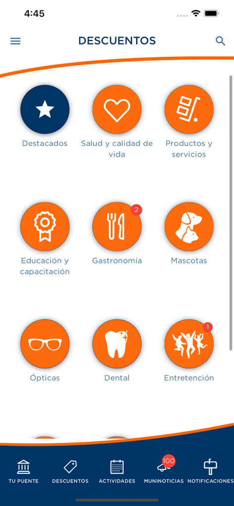 Écran mobile affichant les catégories de remises locales dans l'application Tu Puente pour les résidents de Puente Alto