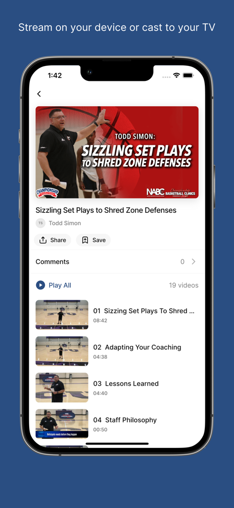 Championship Productions mobile app displaying a basketball coaching video playlist by Todd Simon.