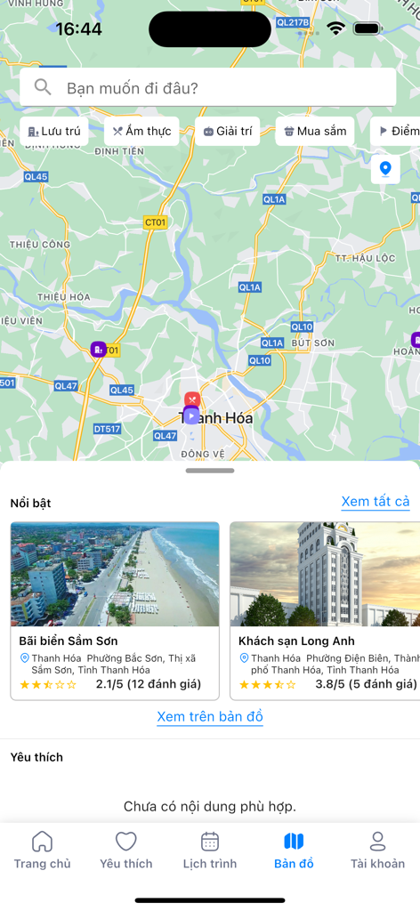 타인호아 관광 모바일 앱 지도 인터페이스, 삼손 해변 및 호텔 추천 표시