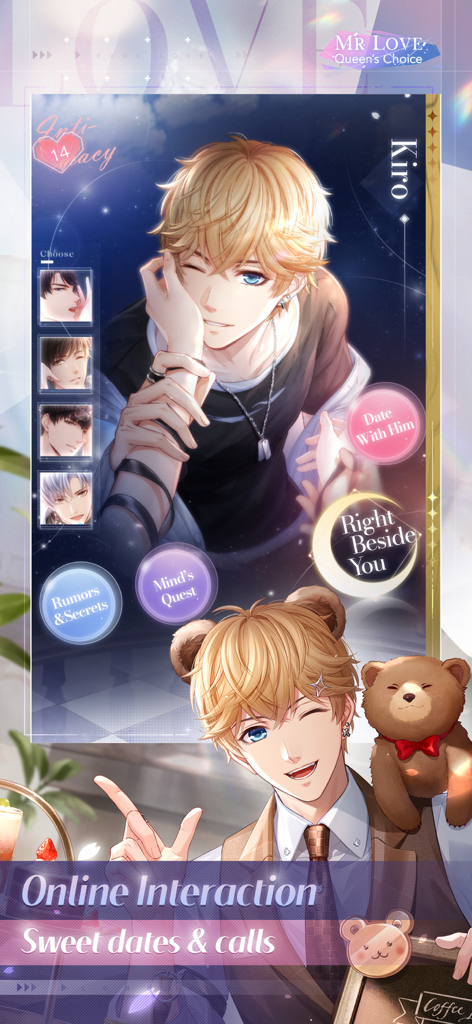 Mr Love: Queen's Choice - Screenshot of character Kiro from Mr Love Queens Choice featuring romantic date and call interaction options in anime style