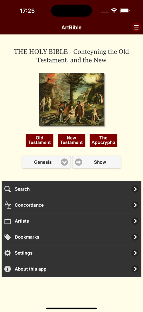 ArtBible - Menú principal de la aplicación ArtBible con arte clásico y herramientas de estudio bíblico