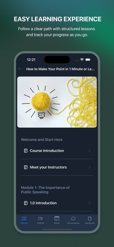 Starbucks Global Academy - A screenshot of the Starbucks Global Academy app showing a structured lesson path for a public speaking course.