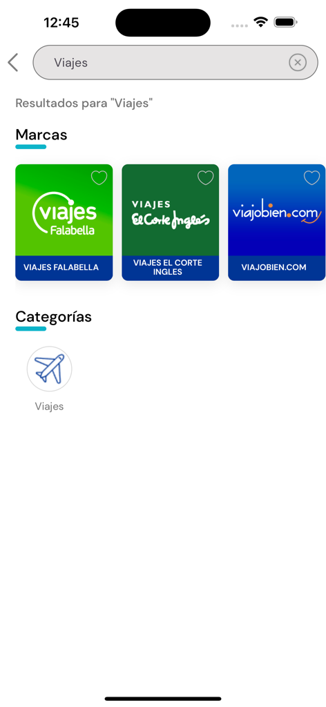 CyberApp - Resultados de búsqueda de la categoría de viajes en la app móvil de CyberApp mostrando marcas como Viajes Falabella y El Corte Inglés