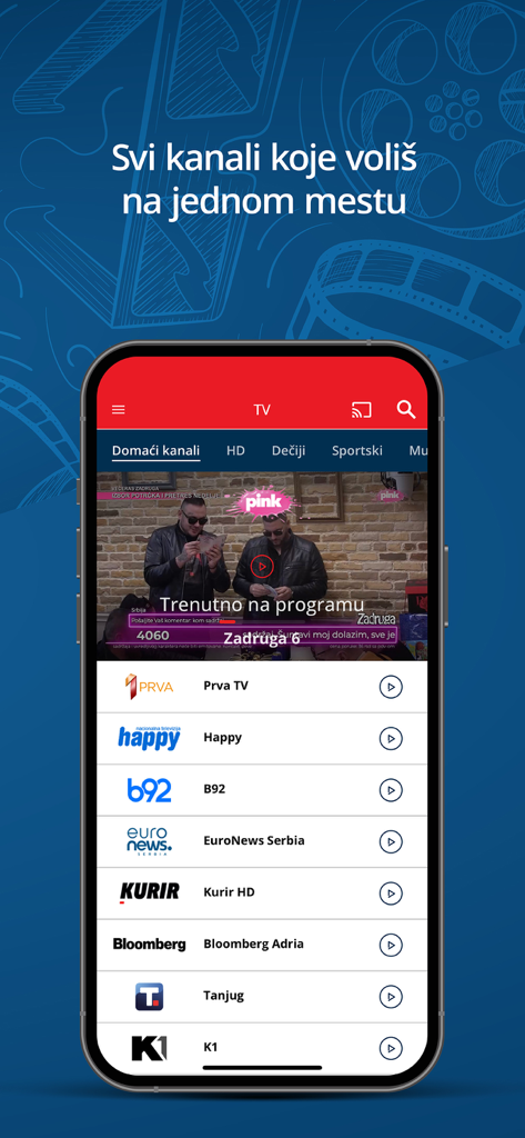 MTEL TV - Benutzeroberfläche der MTEL TV App mit einer Liste serbischer heimischer Sender auf einem Smartphone