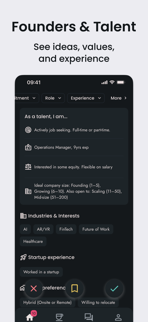 CoffeeSpace: Connect & Build - Interface of the CoffeeSpace app showing a talent profile with professional experience and startup interests.