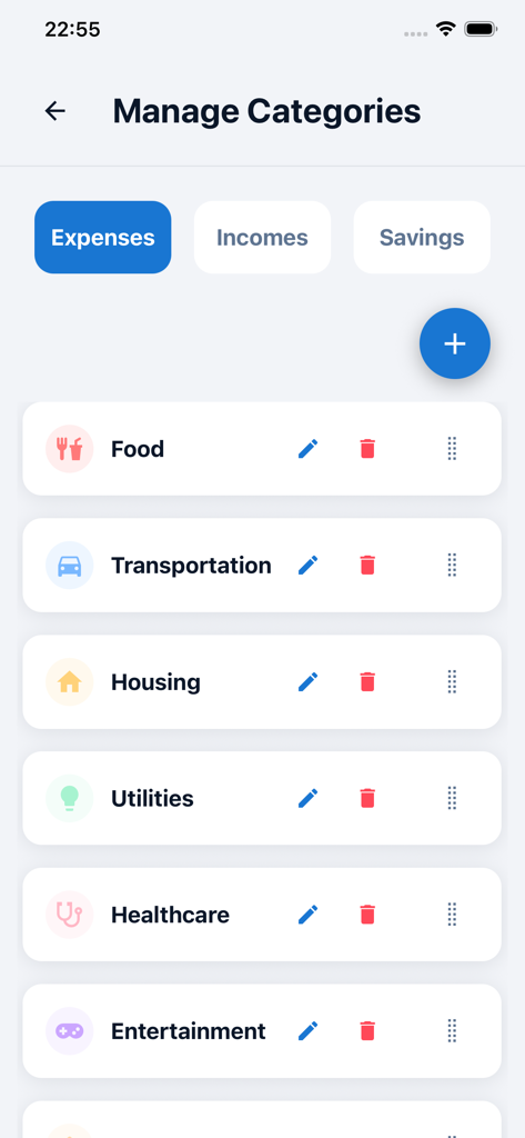 Plan And Save - Interface do aplicativo Plan and Save mostrando a tela Gerenciar Categorias com uma lista de categorias de despesas e ícones.