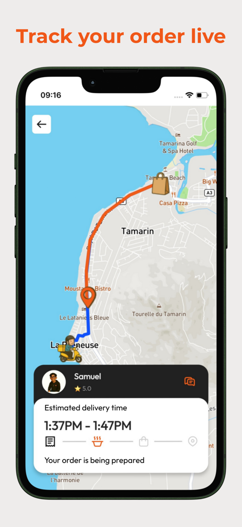OnlyEat: Food Delivery - OnlyEat app interface showing live tracking of a food delivery order on a map in Mauritius.