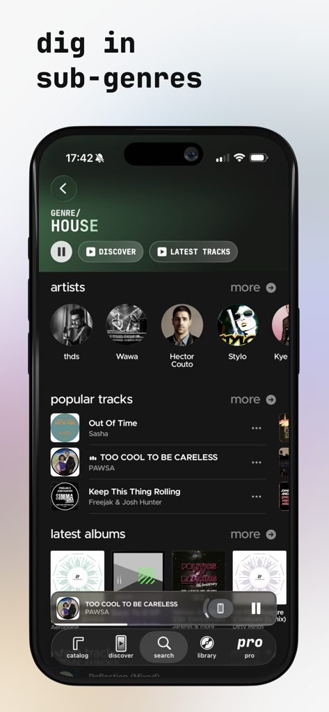 Carbon - Electronic Music - Carbonアプリのインターフェース。ハウスミュージックのジャンルページにアーティストと人気トラックを表示。