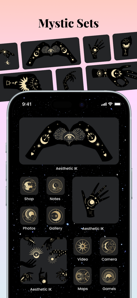 Aesthetic Kit: Photo Widget - Iconos de apps y widgets con tema místico en una pantalla de inicio de iPhone con ilustraciones celestiales doradas