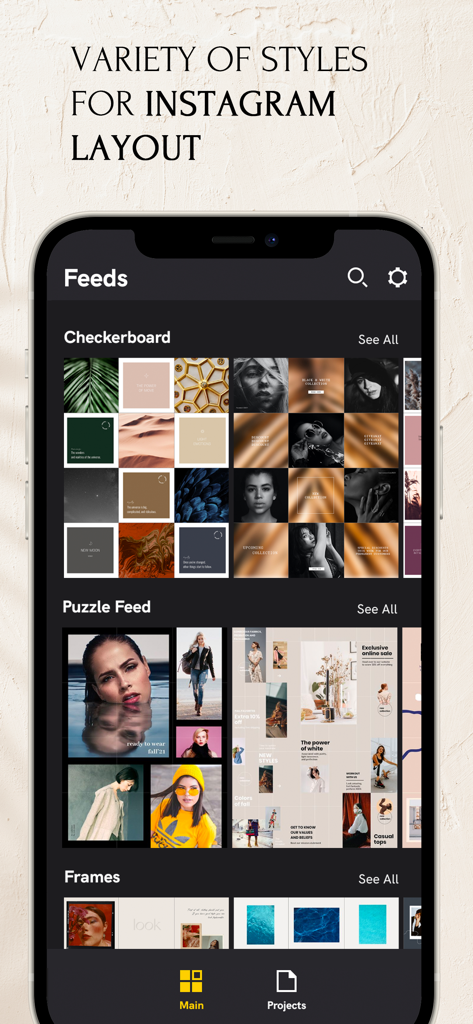 Feeds app displaying various Instagram grid layout styles including checkerboard and puzzle feed templates