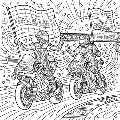 Gear up for an exciting coloring adventure that celebrates speed, sport, and the spirit of Pride! This unique page features two dynamic MotoGP riders carrying inspiring flags amidst a festive flurry of confetti.