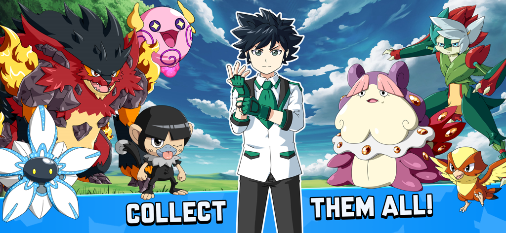 Entrenador estilo anime rodeado de varios monstruos únicos con el texto ¡Colecciónalos todos!