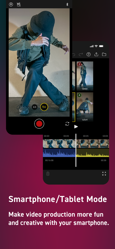 Interfaccia dell'app Panasonic LUMIX Flow che mostra la modalità smartphone per la registrazione e il montaggio video mobile