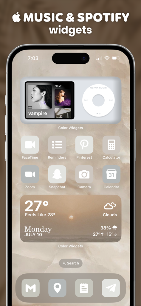 A custom aesthetic iPhone home screen featuring music and Spotify widgets with custom icons and weather widget in a neutral beige theme