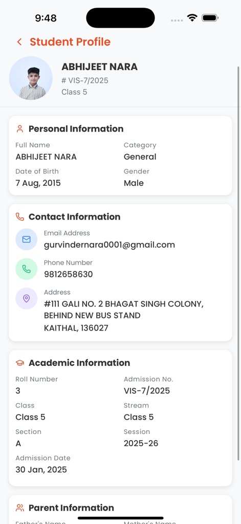 Detailed student profile view including personal and academic information
