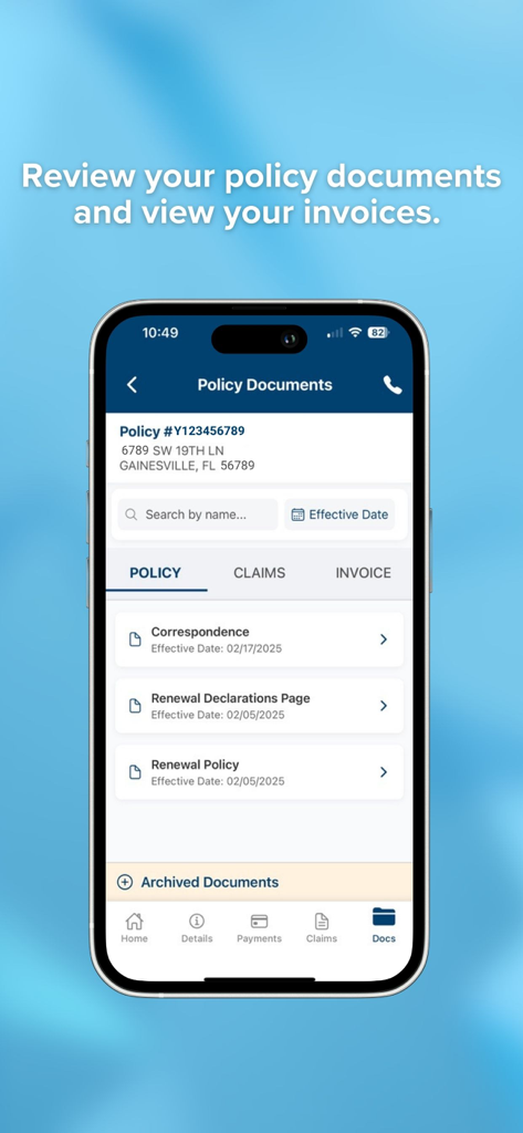 Interface do aplicativo Tower Hill Mobile para revisar documentos de apólice de seguro e faturas