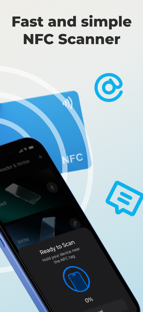 NFC Reader & Writer Tools - iPhone screen showing the Ready to Scan interface for NFC tags with a blue NFC card in the background.