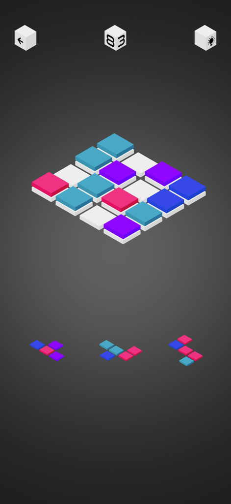 Isometric 3D block puzzle gameplay with colorful blocks and minimalist design