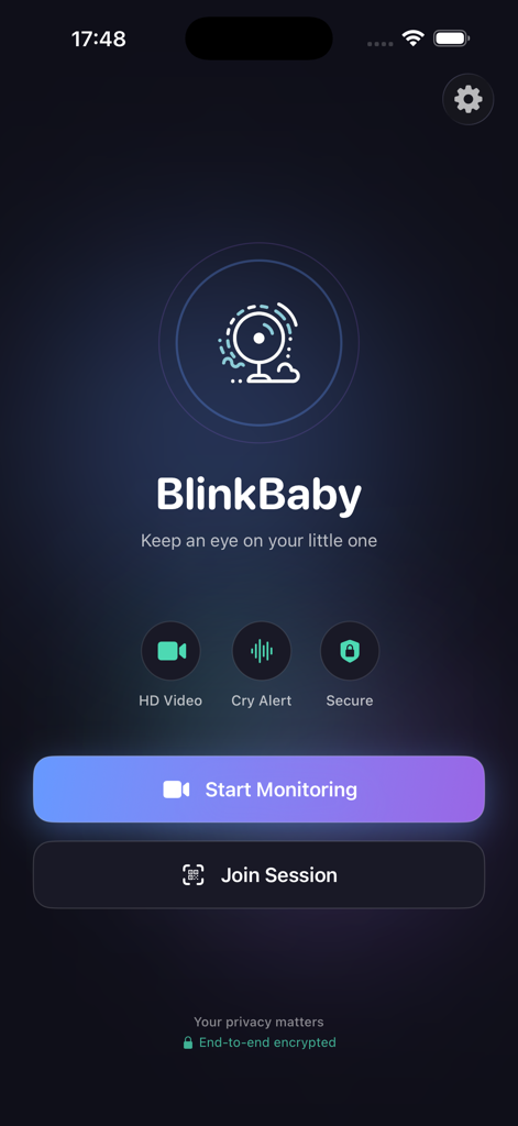 BlinkBaby - Baby Monitor - BlinkBaby app interface showing start monitoring and join session buttons with end to end encryption status