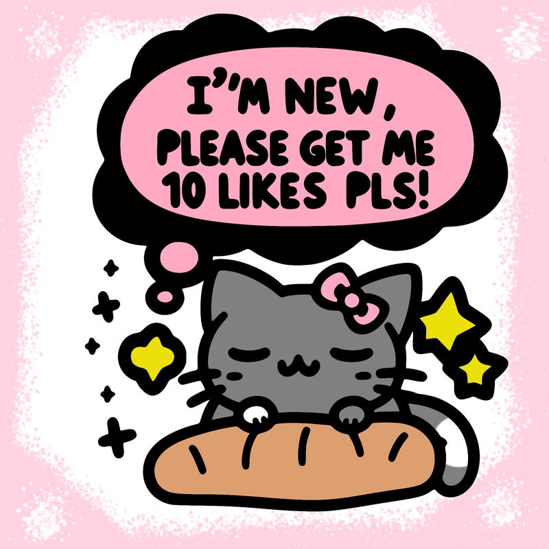 kitty taking a nap dream talking and saying "i'm new, please get me at least 10 likes pls!!"