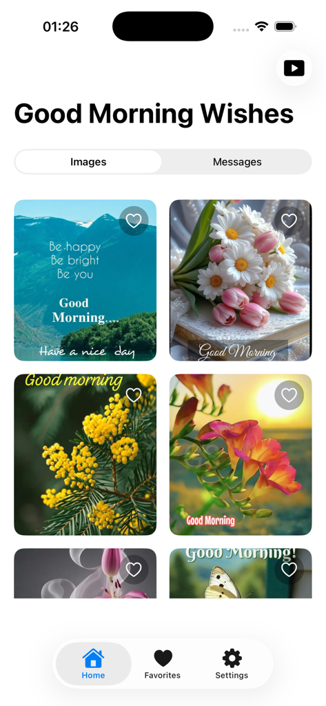 Good Morning GIFs - 花や風景のさまざまな朝の挨拶画像がグリッド表示されたモバイルアプリの画面。