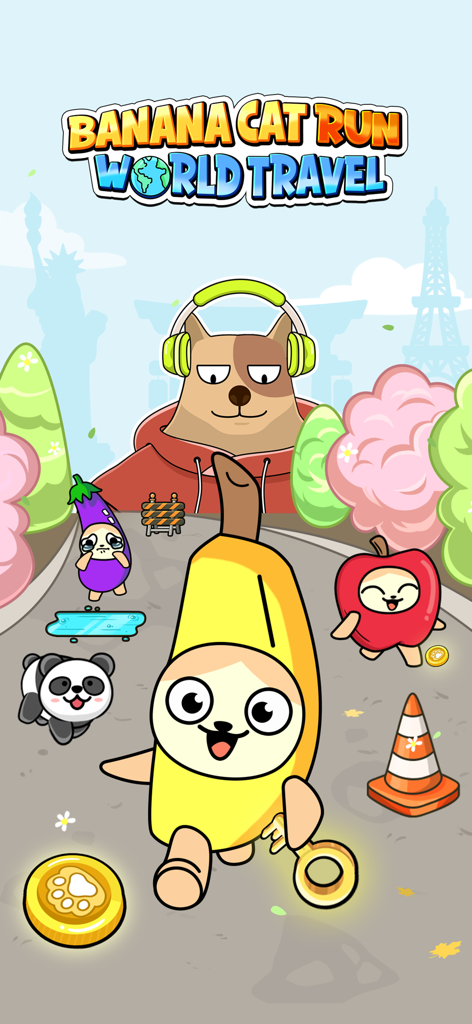 Banana Cat Run: World Travel - Banana Cat in a banana costume running on a world travel path with a giant Shiba dog and other cute characters.