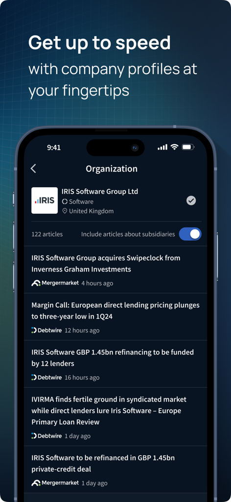 ION: Mergermarket & Debtwire - Mobile interface of the ION app showing a company profile for IRIS Software Group with associated Mergermarket and Debtwire news