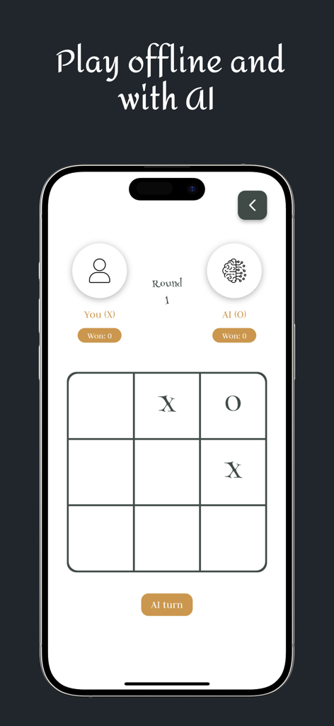 Tic Tac Toe - Online & 2Player - Tic Tac Toe mobile app interface showing a game against an AI player on a minimalist 3x3 grid