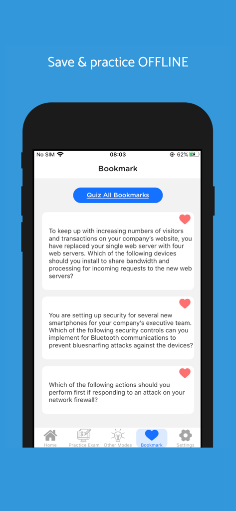 La aplicación de preparación de exámenes CompTIA Security Plus que muestra preguntas marcadas para practicar sin conexión.