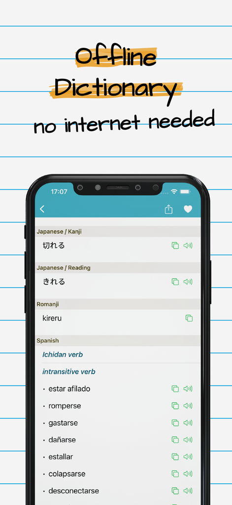 Japanese Spanish Dictionary + - Captura de pantalla de la aplicación Diccionario Japonés Español mostrando la traducción del verbo kireru con el modo sin conexión activado