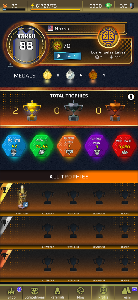 Buzzer Beater - PvP Basketball - Panel de perfil de jugador en el juego de baloncesto Buzzer Beater que muestra estadísticas, medallas y trofeos