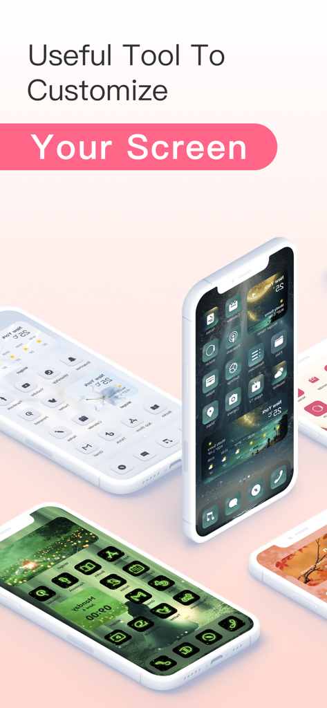 Themee - Widgets Icon Themes - Exibição de vários iPhones mostrando diferentes temas de tela inicial estética com ícones e widgets personalizados