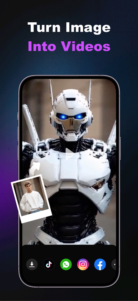 Phant AI: AI Video Maker - Smartphone screen showing Phant AI app transforming a portrait photo into a cinematic robot video with social media share buttons