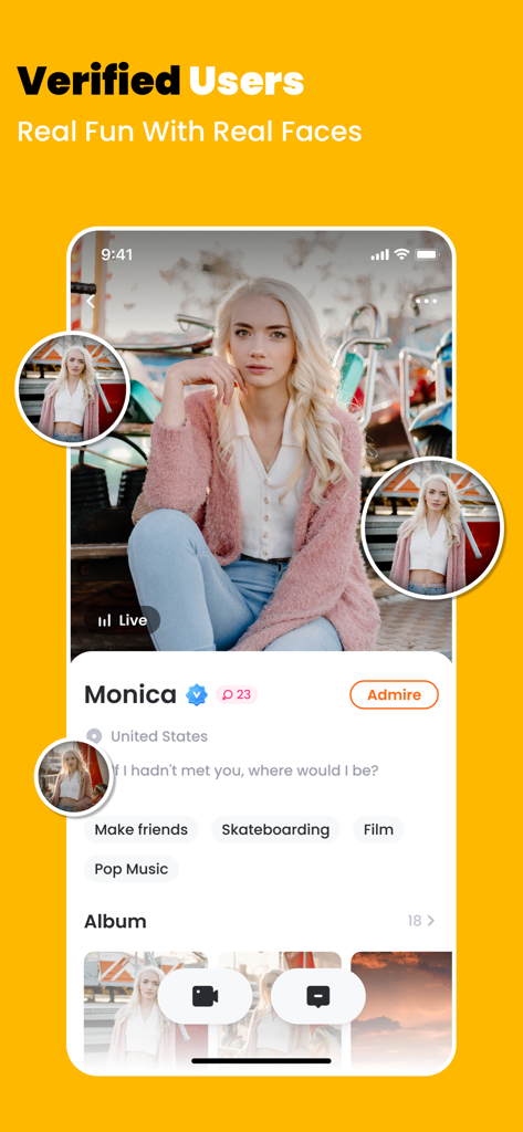 Yolo: Video Chat, Live Stream - Yolo app interface showing a verified profile of a female user named Monica from the United States with her photo, interests, and album.