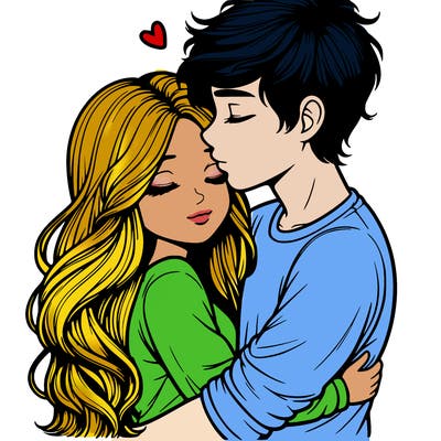 a realistic couple boy and girl hugging and kissing