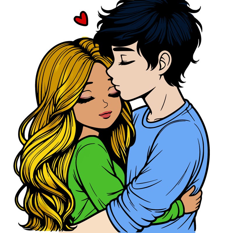 a realistic couple boy and girl hugging and kissing