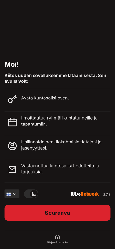 Excite - Exciteフィットネスアプリのウェルカム画面。モバイルジム入館やクラス予約などの機能が表示されます。