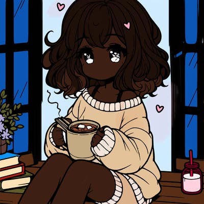 cute anime girl reading book and drinking hot chocolate from mug with loose wavy hair wearing a baggy sweatshirt and shorts sitting by windowsill looking out