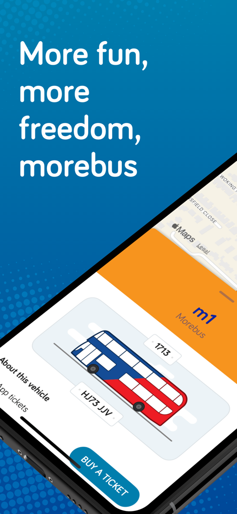 More buses - More buses app interface with a double decker bus illustration and a buy ticket button