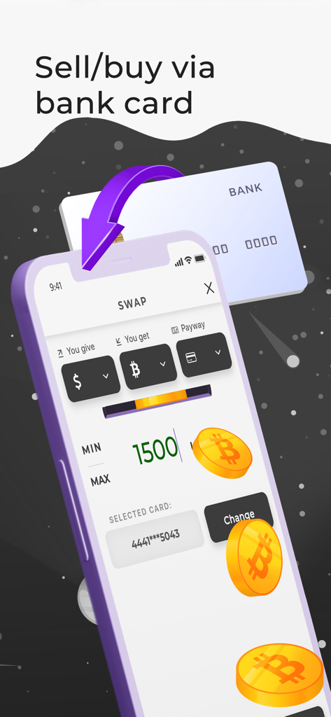 Trustee Wallet bitcoin wallet - Trustee Wallet mobile app screen showing the swap interface to buy and sell cryptocurrency with a bank card.