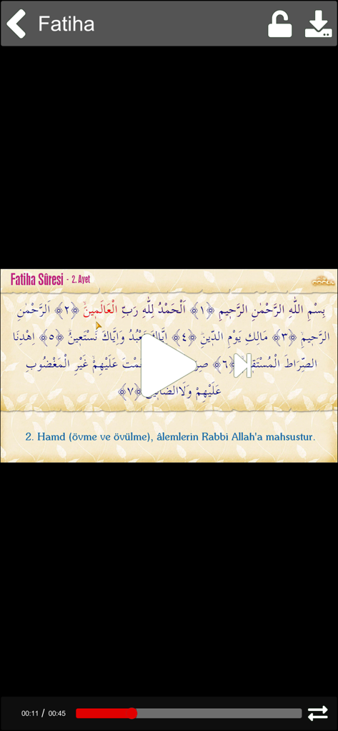 Muezzin Prayer Time Azan - Video player screen in the Muezzin app displaying Surah Al-Fatiha with Arabic text and Turkish translation