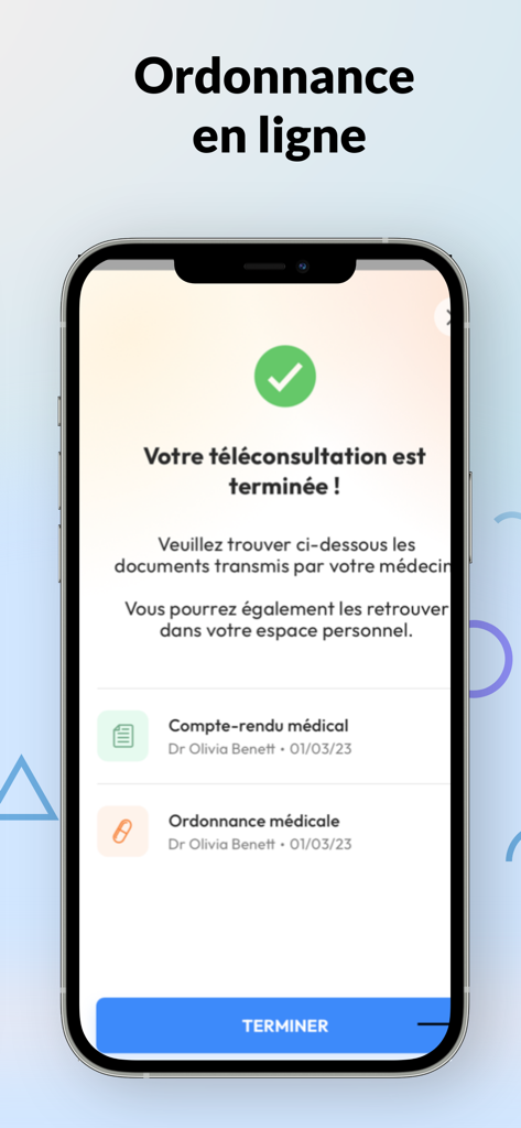 EZRA | Téléconsultation 7/7J - EZRA app screen showing a finished teleconsultation with a medical report and digital prescription