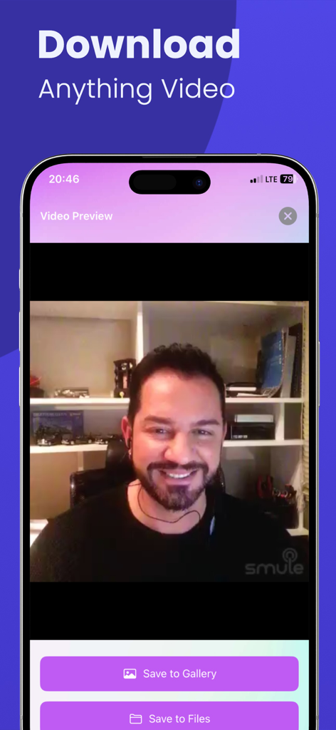 Karaoke Video Saver - Karaoke Video Saver app interface showing a Smule video preview with buttons to save to gallery and files