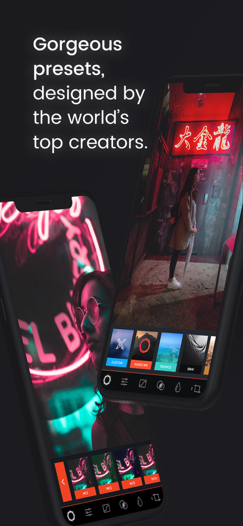Manual Camera Pro + RAW Photo - Manual Camera Pro app interface displaying professional photography presets on an iPhone.
